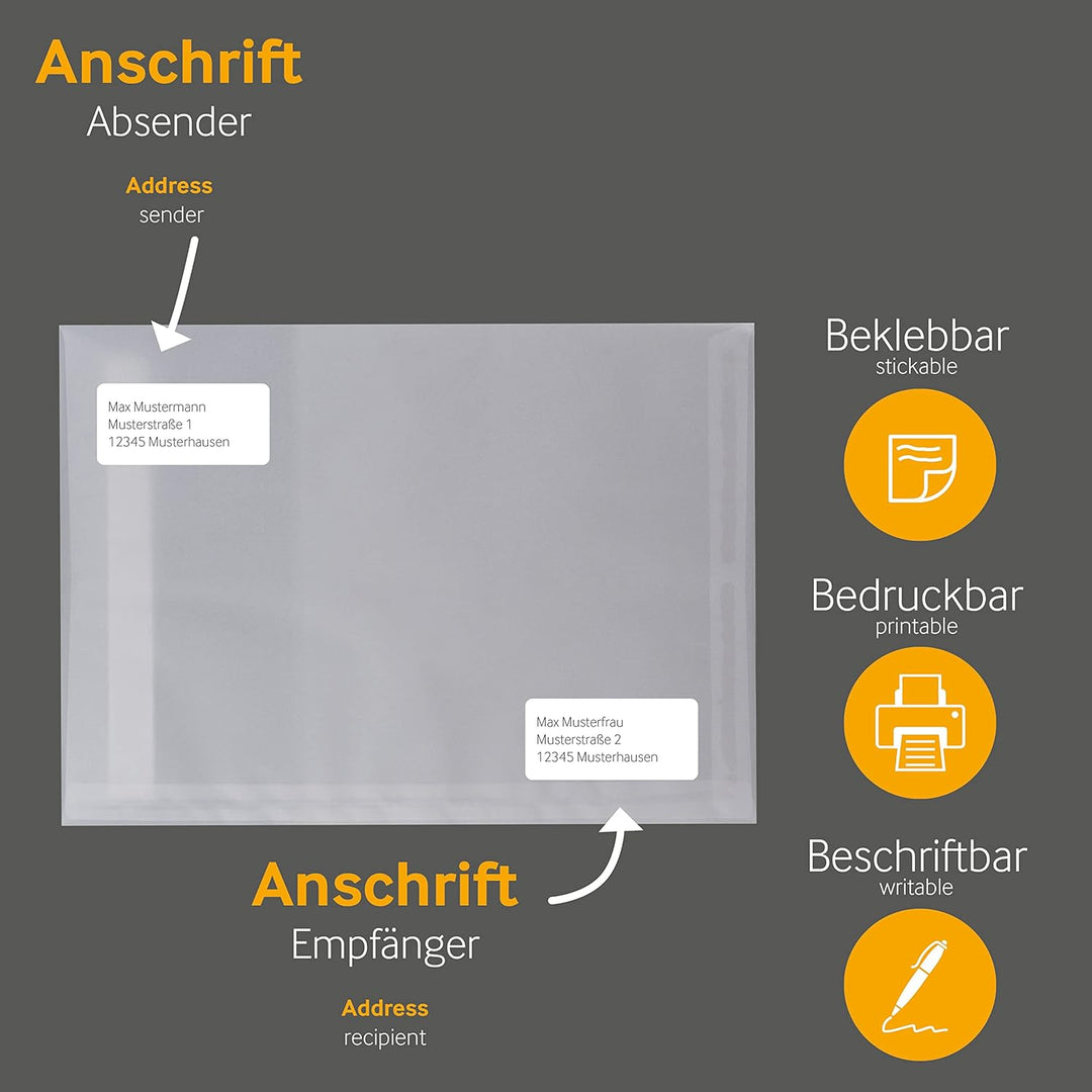 250 Stück, Transparent-Versandtaschen, DIN C4, Haftklebung mit Abziehstreifen, Gerade Klappe, 100 g/