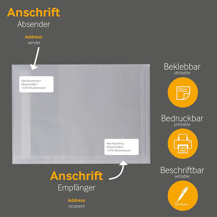 250 Stück, Transparent-Versandtaschen, DIN C4, Haftklebung mit Abziehstreifen, Gerade Klappe, 100 g/