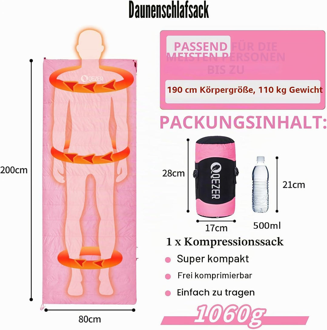 QEZER Daunenschlafsack Ultraleicht Deckenschlafsack kleines Packmass für Camping und Trekking 3 Jahr