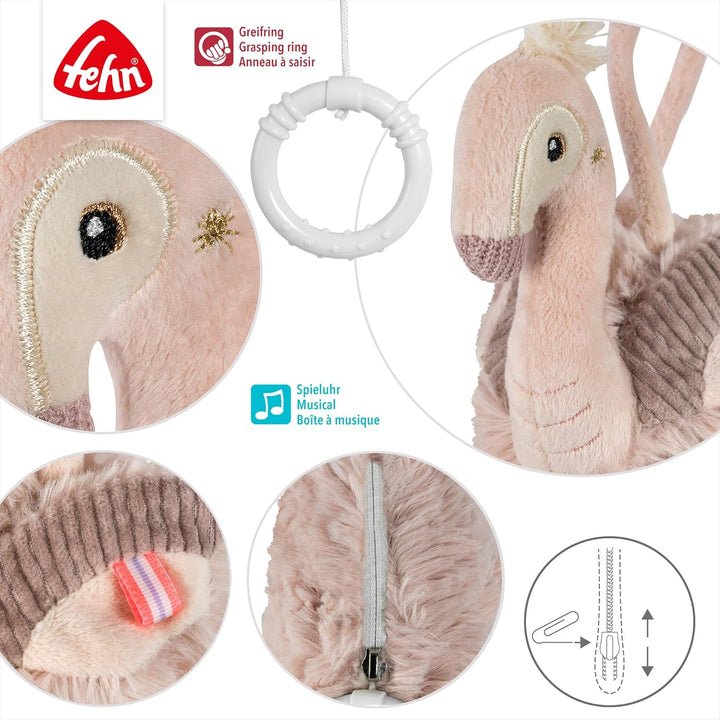 Fehn Mini-Spieluhr Flamingo – Kuscheltier & Einschlafhilfe: Aufzieh-Spieluhr mit sanfter Melodie Sch