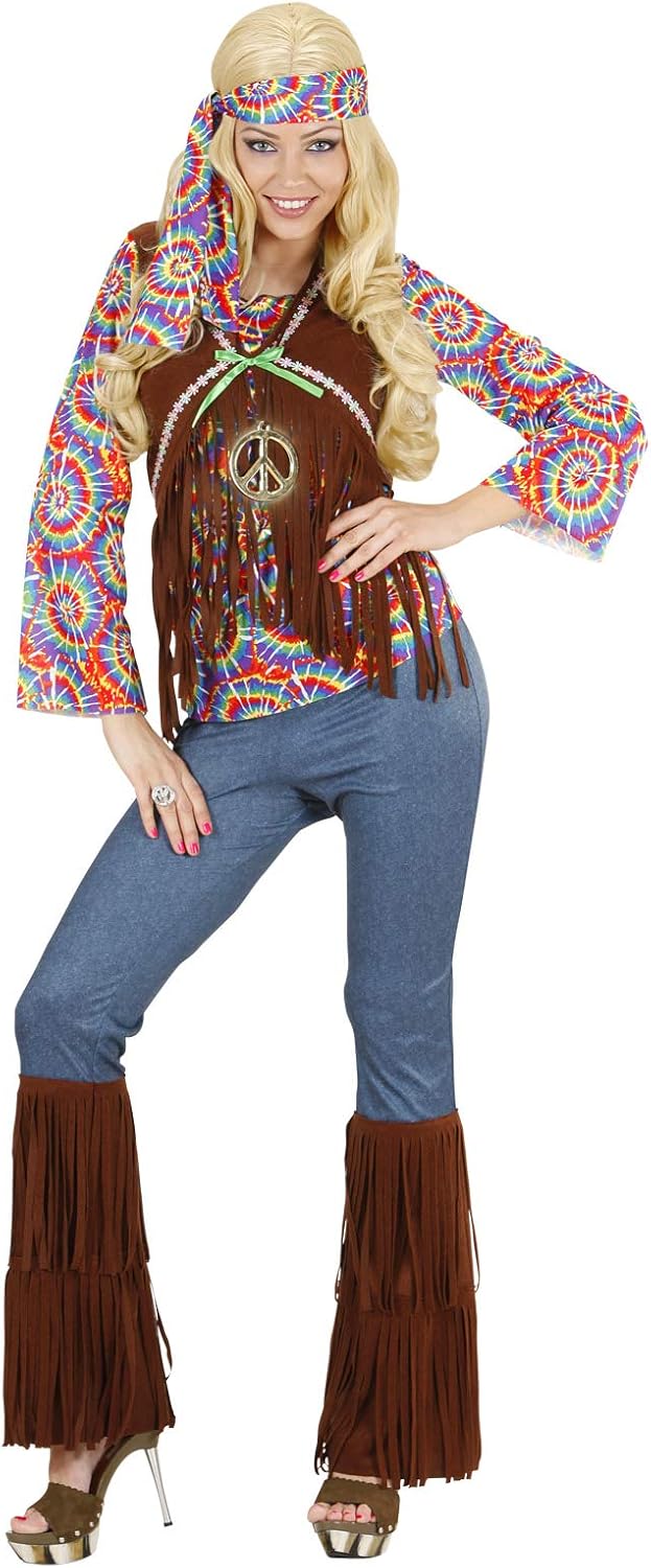 "PSYCHEDELIC HIPPIE WOMAN" (shirt with vest, pants, headband, necklace) - (L), L
