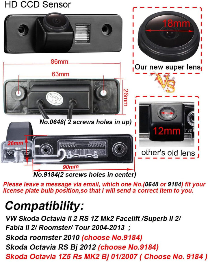 18 mm Lens Super HD Weitwinkel Einparkkamera Wasserdicht Nachtsicht Rückfahrkamera Ersatz für VW Sko