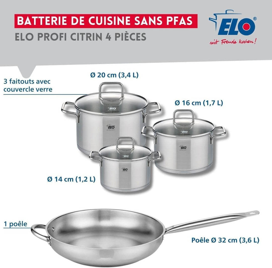 ELO 9500550 Kochgeschirr-Set, 4-teilig, 1 Bratpfanne 32 cm und 3 Kochtöpfe 14, 16 und 20 cm Elo Prof