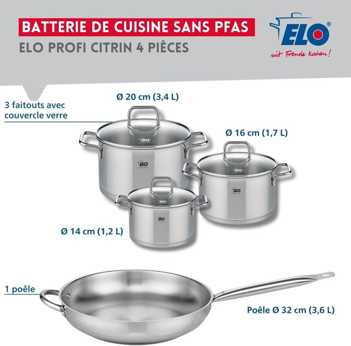 ELO 9500550 Kochgeschirr-Set, 4-teilig, 1 Bratpfanne 32 cm und 3 Kochtöpfe 14, 16 und 20 cm Elo Prof