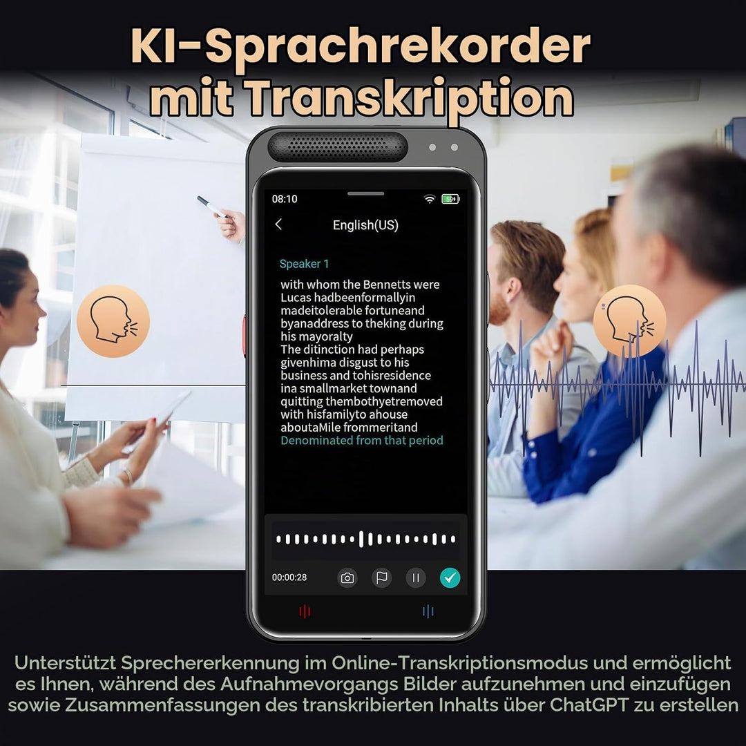 Digitales Diktiergerät Aufnahmegerät mit KI Schreibfunktion und Zusammenfassen,Übersetzung Online Of