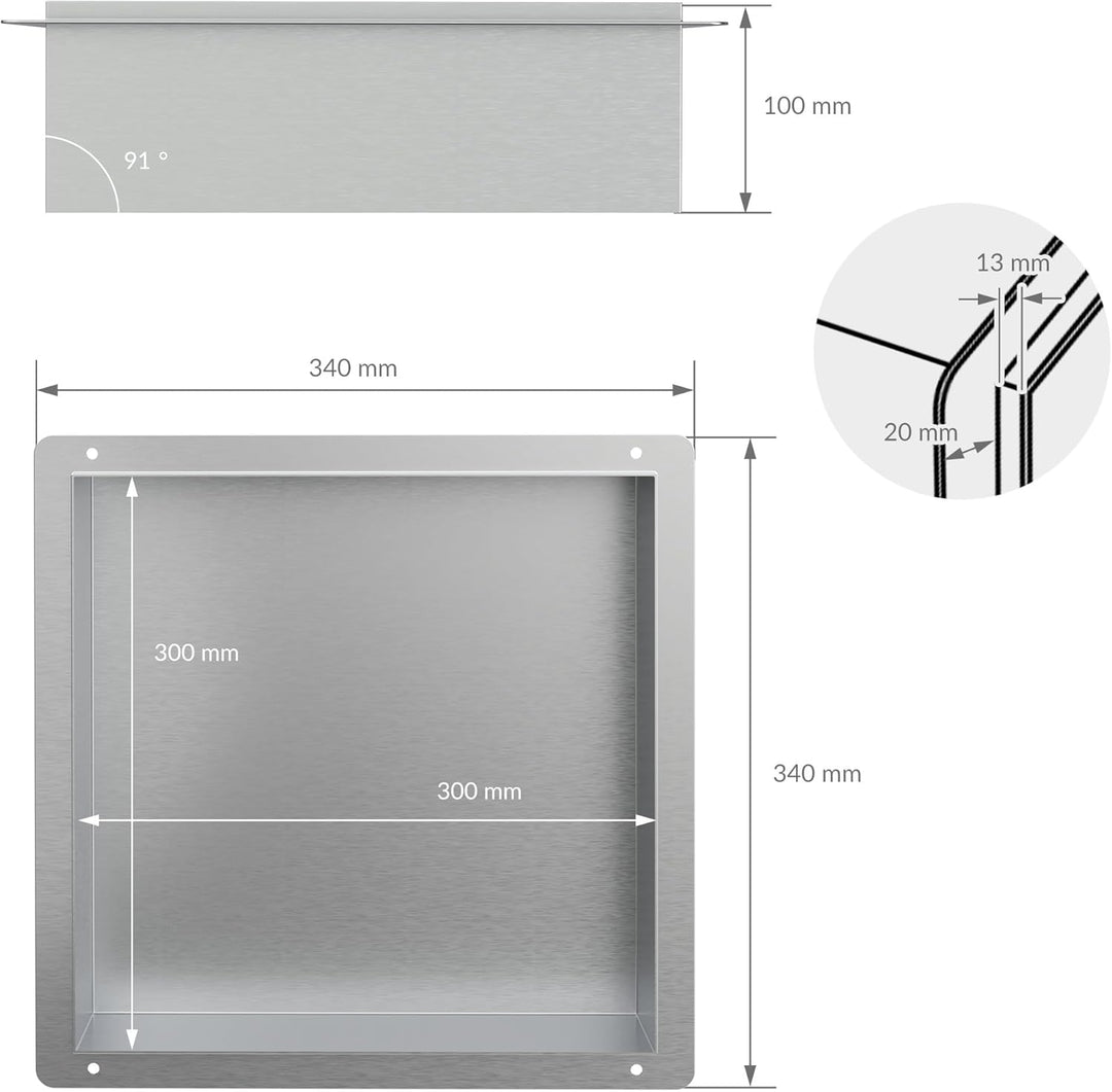 LuxeBath Wandnische aus Edelstahl, 30x30x10 cm, Silber, Duschnische, Randlos, Einbauregal, Flexibler