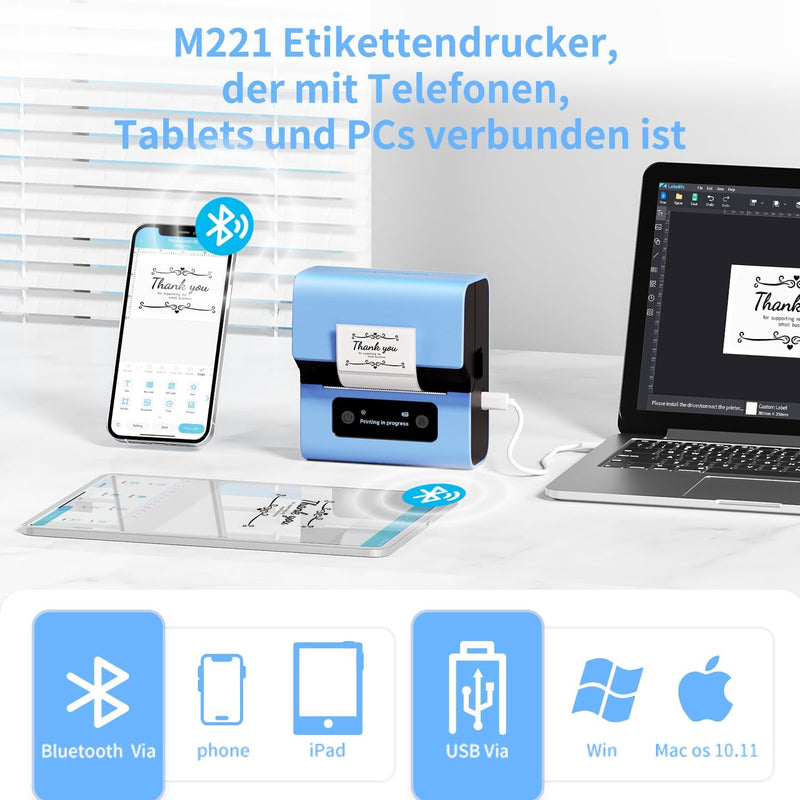 Phomemo M221 Etikettendrucker - 3" Bluetooth Beschriftungsgerät Selbstklebend Mini Wireless Labeldru