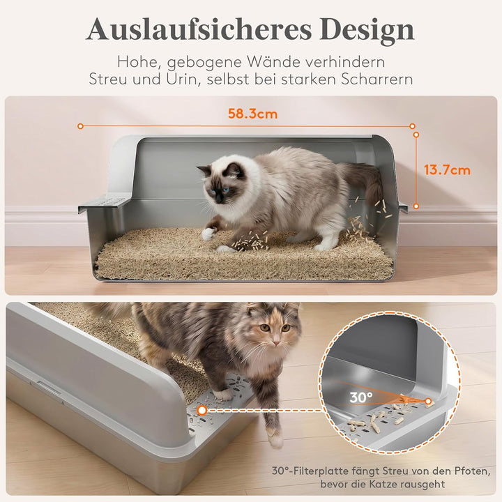 Lifewit Grosse Katzenklo Edelstahl mit Schaufel, Offene Katzentoilette mit hohem Rand für Mittelgros