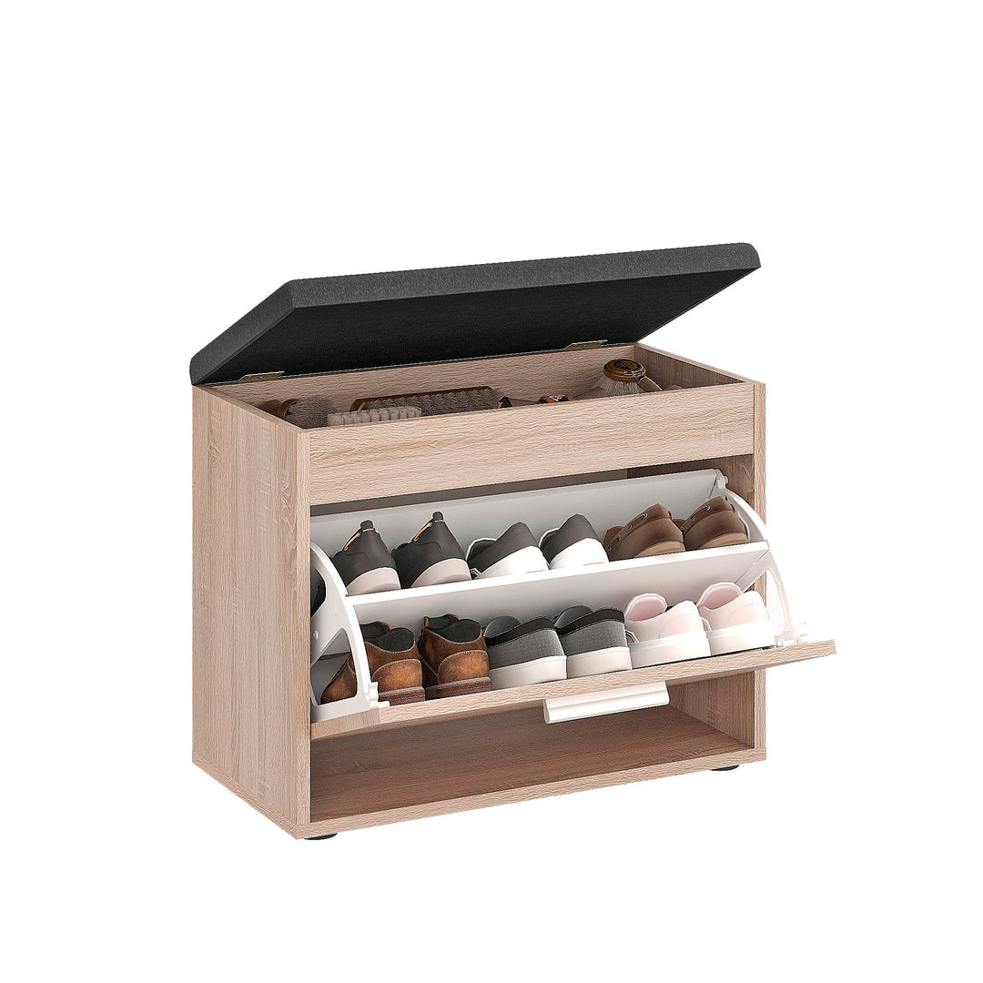 KOMTO Schuhbank mit Sitzfläche Sonoma Eiche – Schuhschrank mit Sitzbank, Schuhbank mit Klappe, Schuh