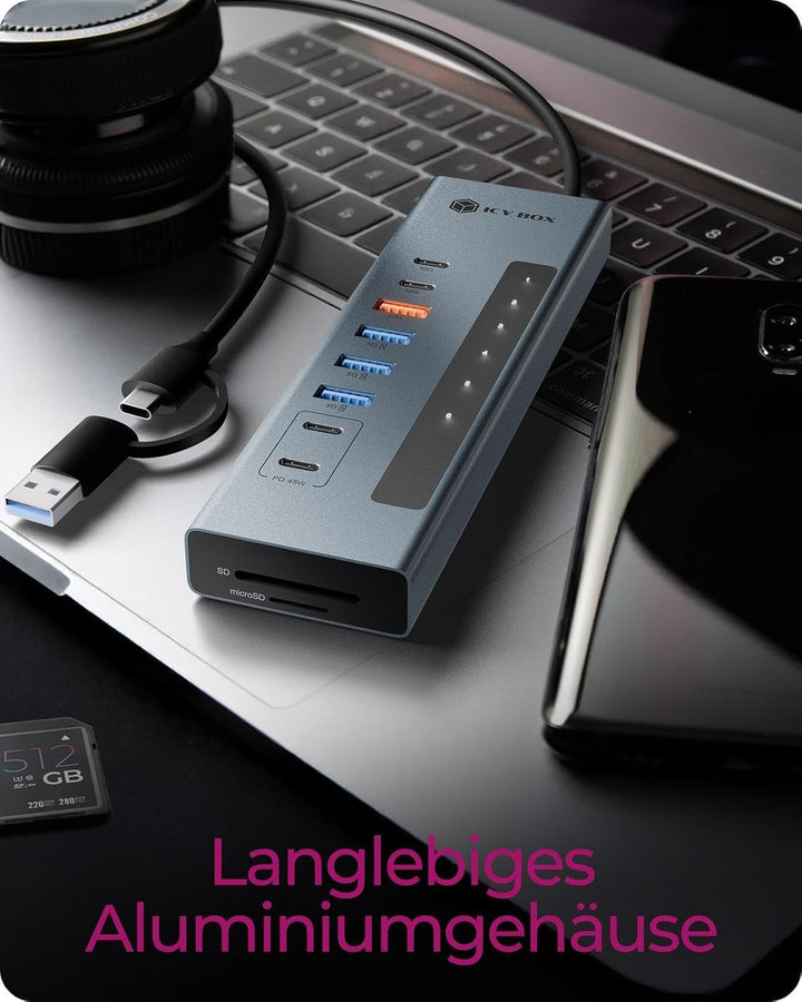 ICY BOX (11-in-1) USB-C Hub mit Kartenleser, 2X USB-C &amp; 1x USB-A (10 Gbit/s), 3X USB-A (5 Gbit/s), 1