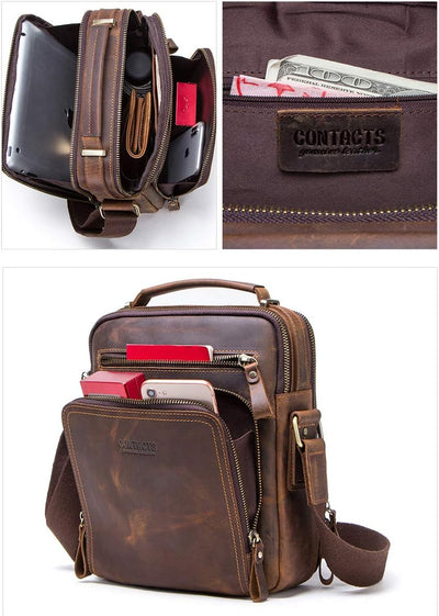 Contacts Echtes Leder Herren Laptop Mini Tab Messenger Crossbody Bag Tasche Handtasche Braun Kaffee,