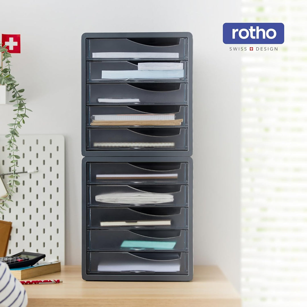 Rotho Spacemaker Schubladenbox / Bürobox mit 5 Schüben, Kunststoff (PS) BPA-frei, transparent/anthra