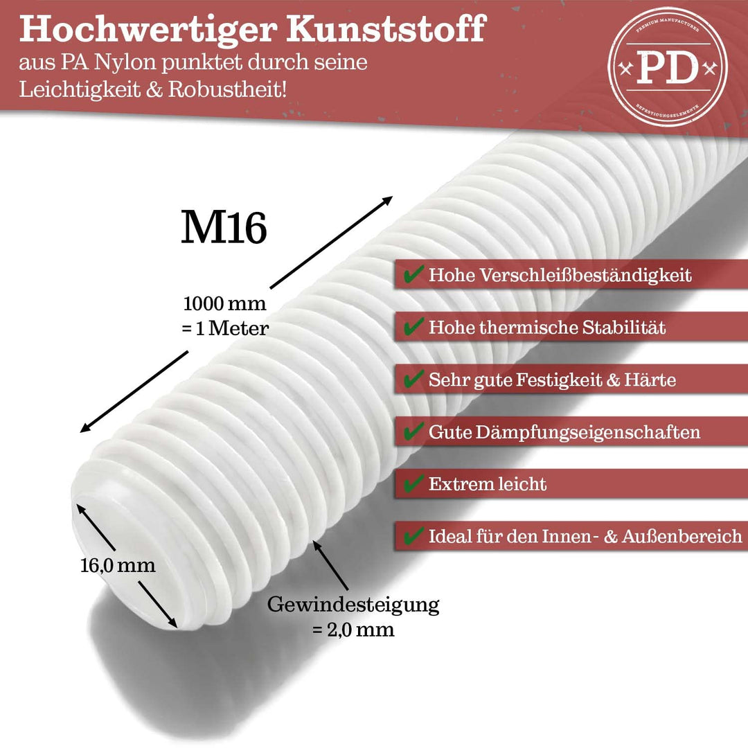PD® Kunststoff Gewindestangen M16 (DIN 976 / DIN 975) | 1 Meter Gewindestab aus Nylon mit Regelgewin
