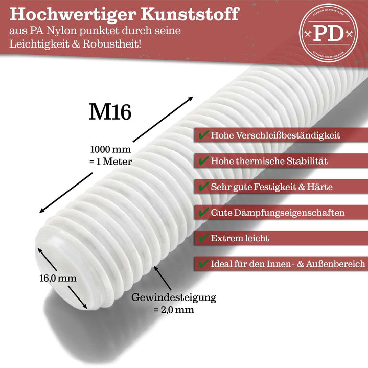 PD® Kunststoff Gewindestangen M16 (DIN 976 / DIN 975) | 1 Meter Gewindestab aus Nylon mit Regelgewin