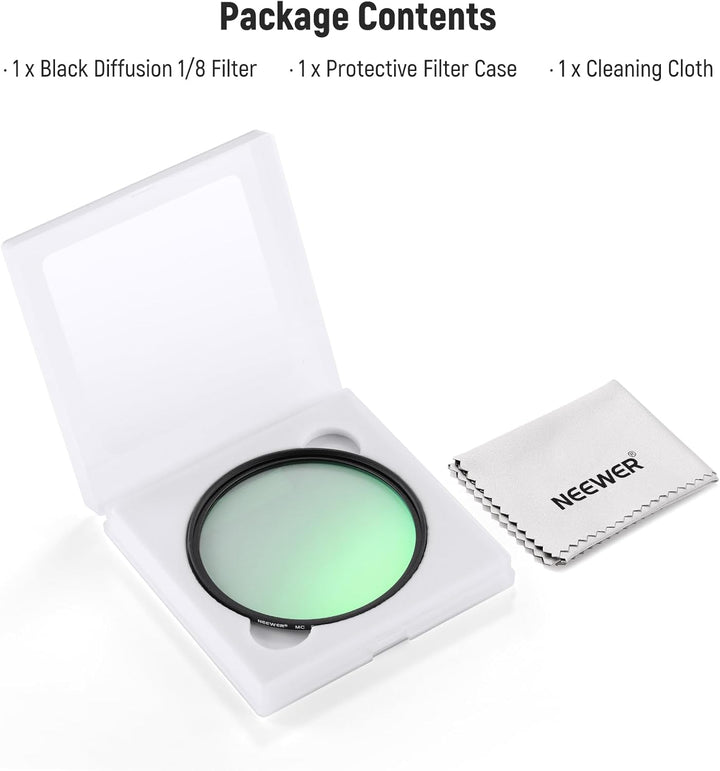 NEEWER 72mm Black Diffusion 1/8 Filter, Weicher, verträumter Kinoeffekt Filter, ultradünnes, wassera