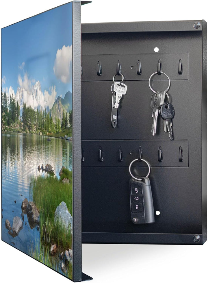 banjado® Grosser Schlüsselkasten Glas/Schlüsselbox 30cm x 30cm mit 50 Haken - Motiv Gebirgssee/Schlü