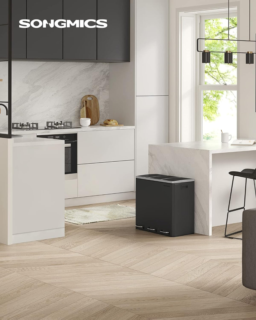 SONGMICS Mülleimer Küche, Mülltrennsystem, 3 x 18 L, Treteimer mit 3 Fächern, Abfalleimer, Softclose