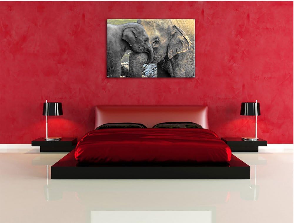 Pixxprint Elefantenmutter mit Kalb / 100x70cm Leinwandbild bespannt auf Holzrahmen/Wandbild Kunstdru