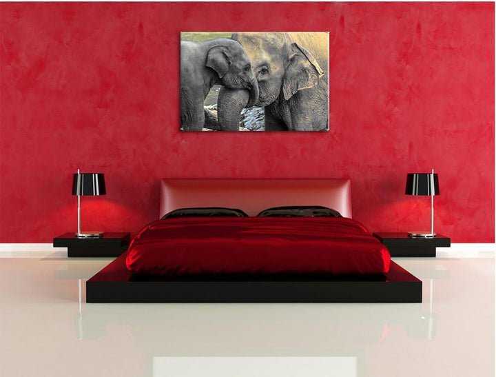Pixxprint Elefantenmutter mit Kalb / 100x70cm Leinwandbild bespannt auf Holzrahmen/Wandbild Kunstdru