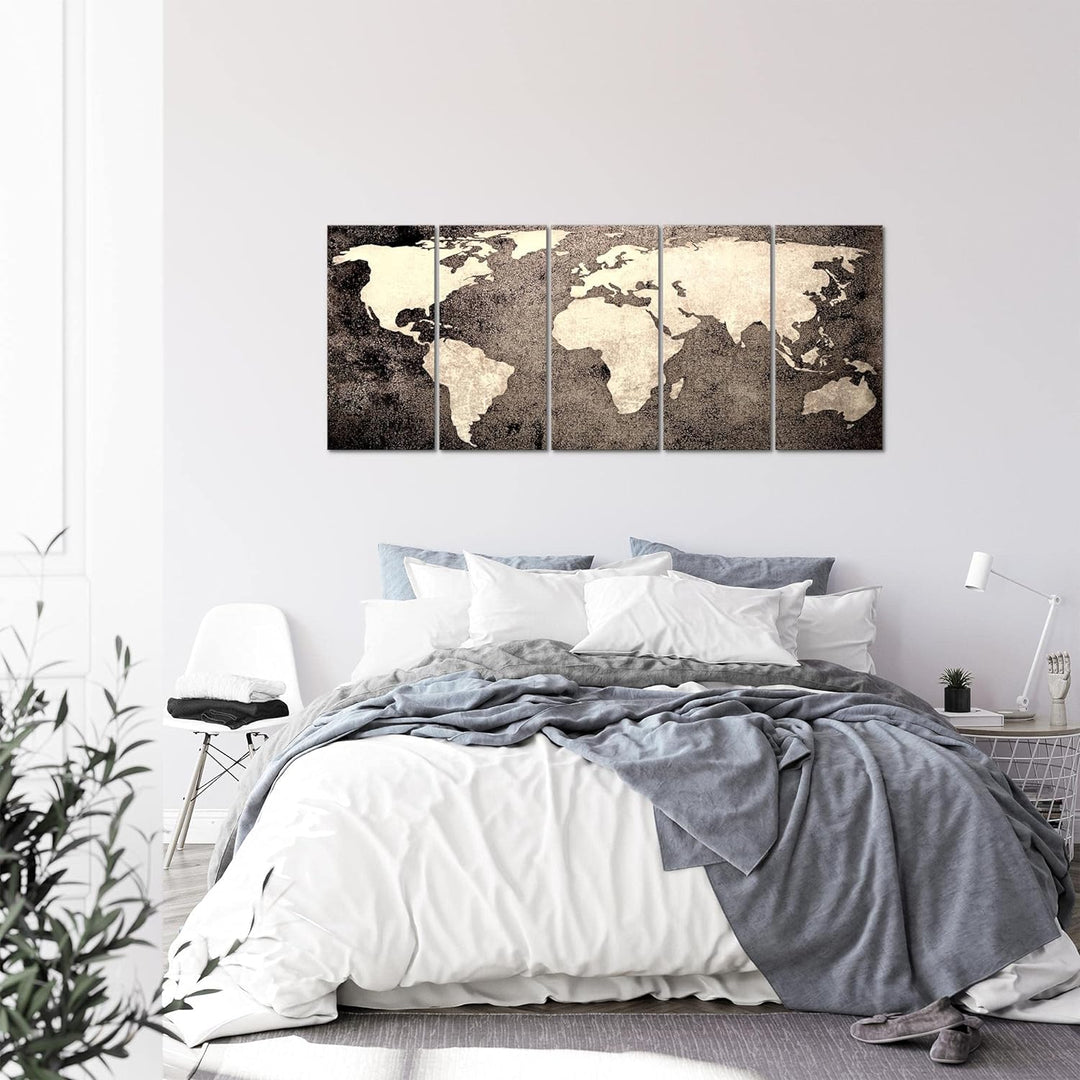 Runa Art Wandbild XXL Weltkarte Büro Wohnzimmer 200 x 80 cm Braun 5 Teilig - Made in Germany - 10175