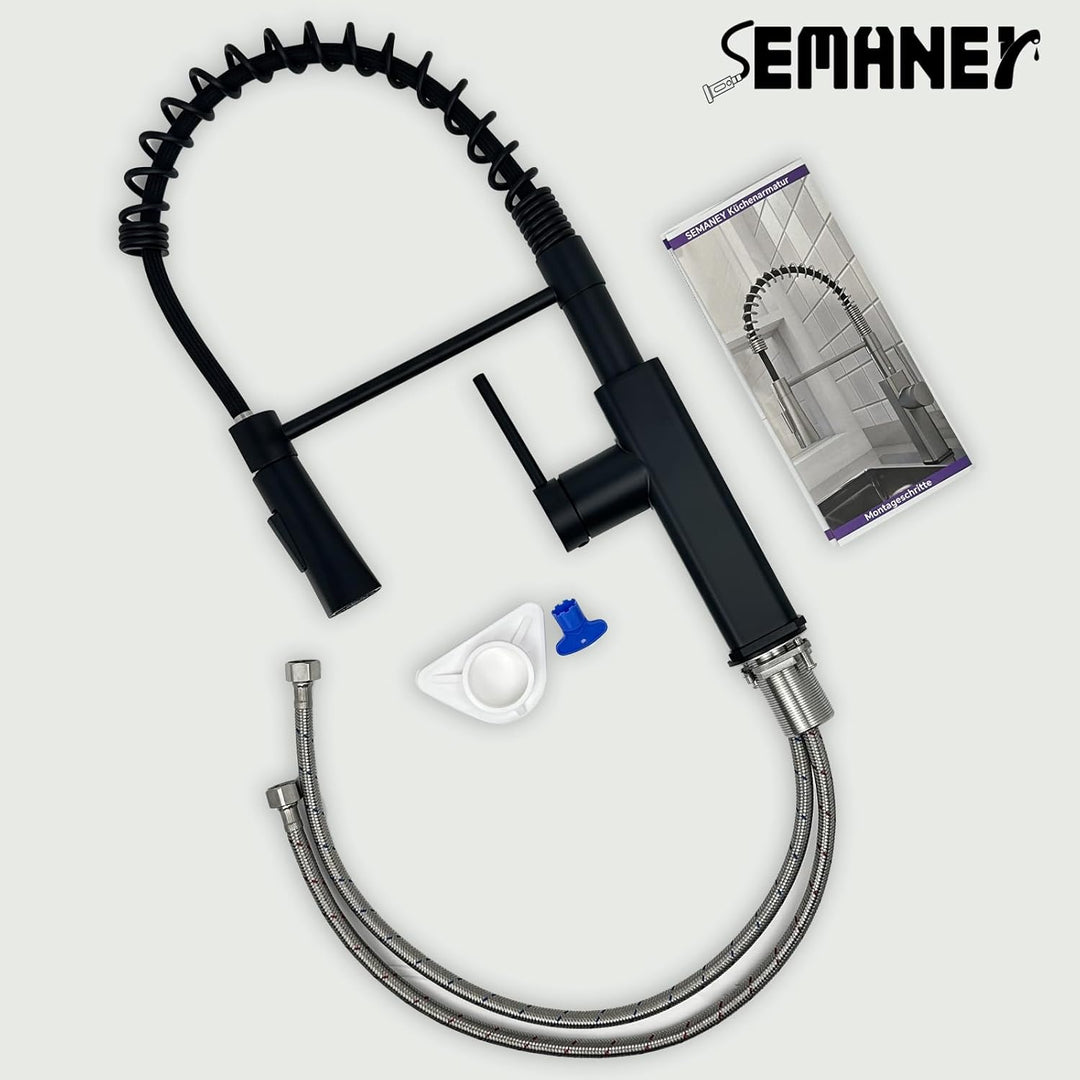 Wasserhahn Küche Schwarz, SEMANEY Hochdruck Küchenarmatur Ausziehbar, Armatur Küche mit Brause 2 Str