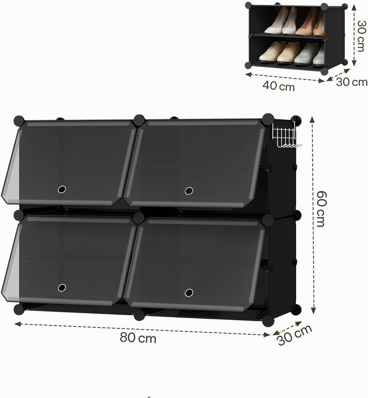 WOLTU Schuhregal, Schuhschrank mit 4 Fächern, Platzsparend, Mit Haken, Schuhablage Kunststoff, für F