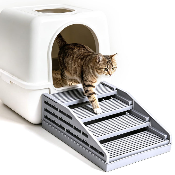 Katzenstreu Rampe mit Höhenverstellung, rutschfeste Katzentoilettenstufe mit Filterfunktion, Katzent