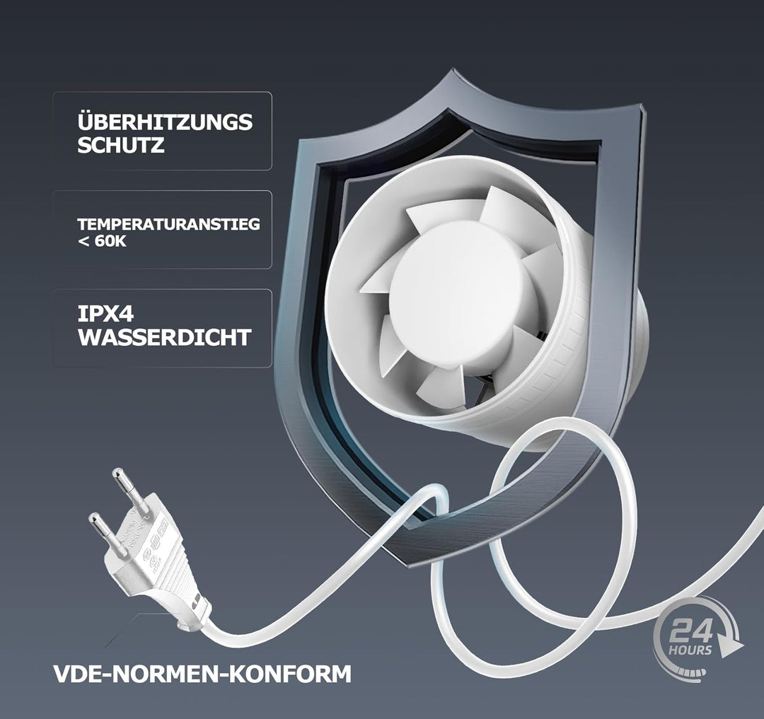 Rohrventilator 100mm, Leise Rohrlüfter mit Doppelkugellagermotor Überhitzungsschutz, 32dB 130m³/h Ra