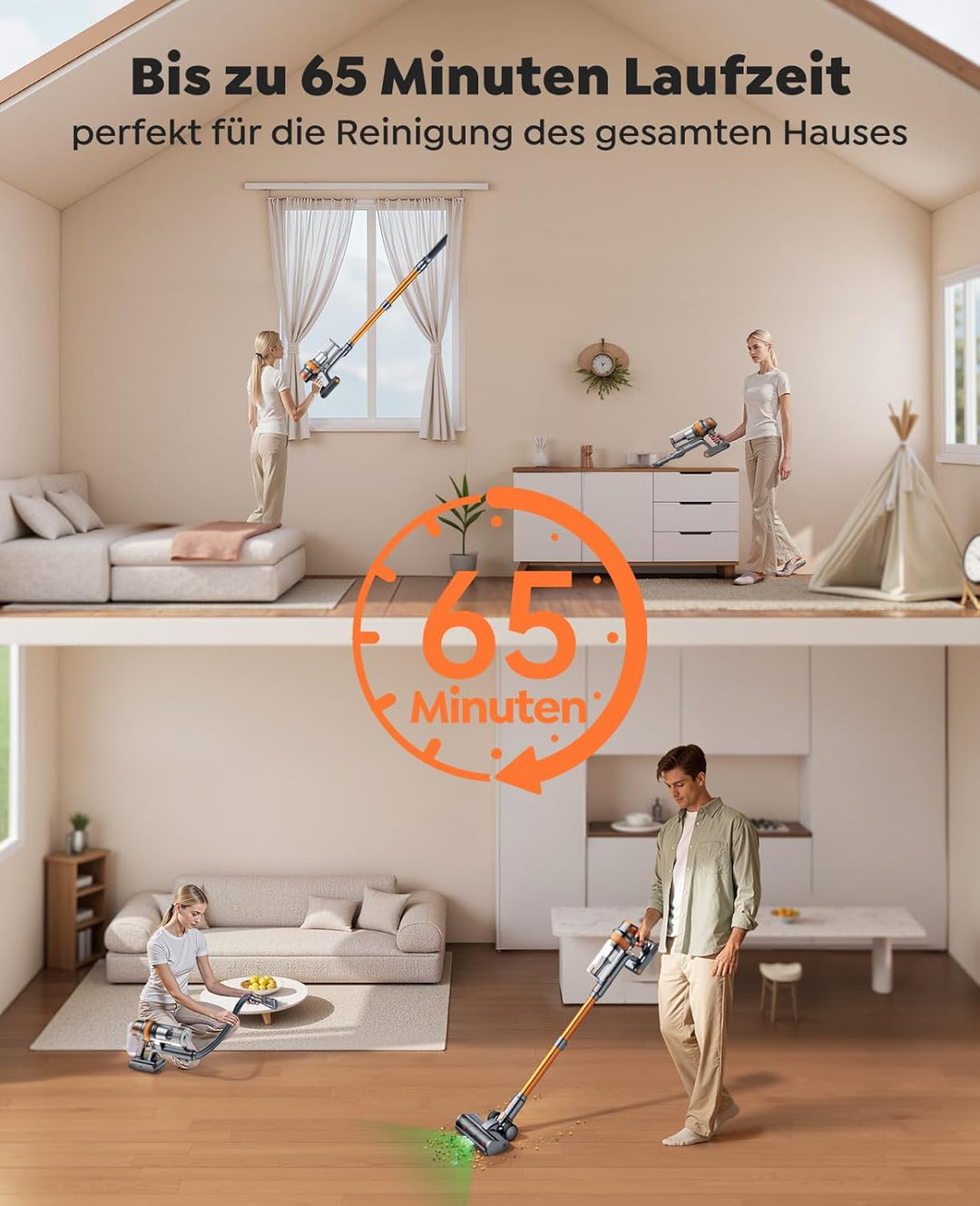 SMOTURE Akku Staubsauger, 50.000 Pa, 65 Min Laufzeit für zu Hause, Leichter Staubsauger Kabellos mit