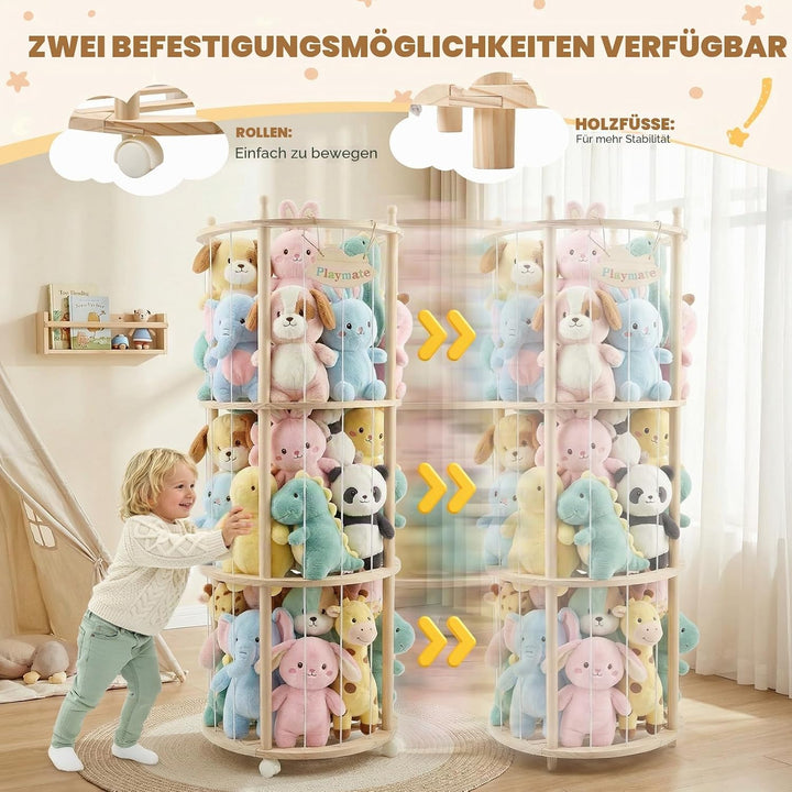 Kuscheltier Aufbewahrung, Stofftier-Aufbewahrung mit 360°Bremse-Ausgestattete Räder, HolzAufbewahrun