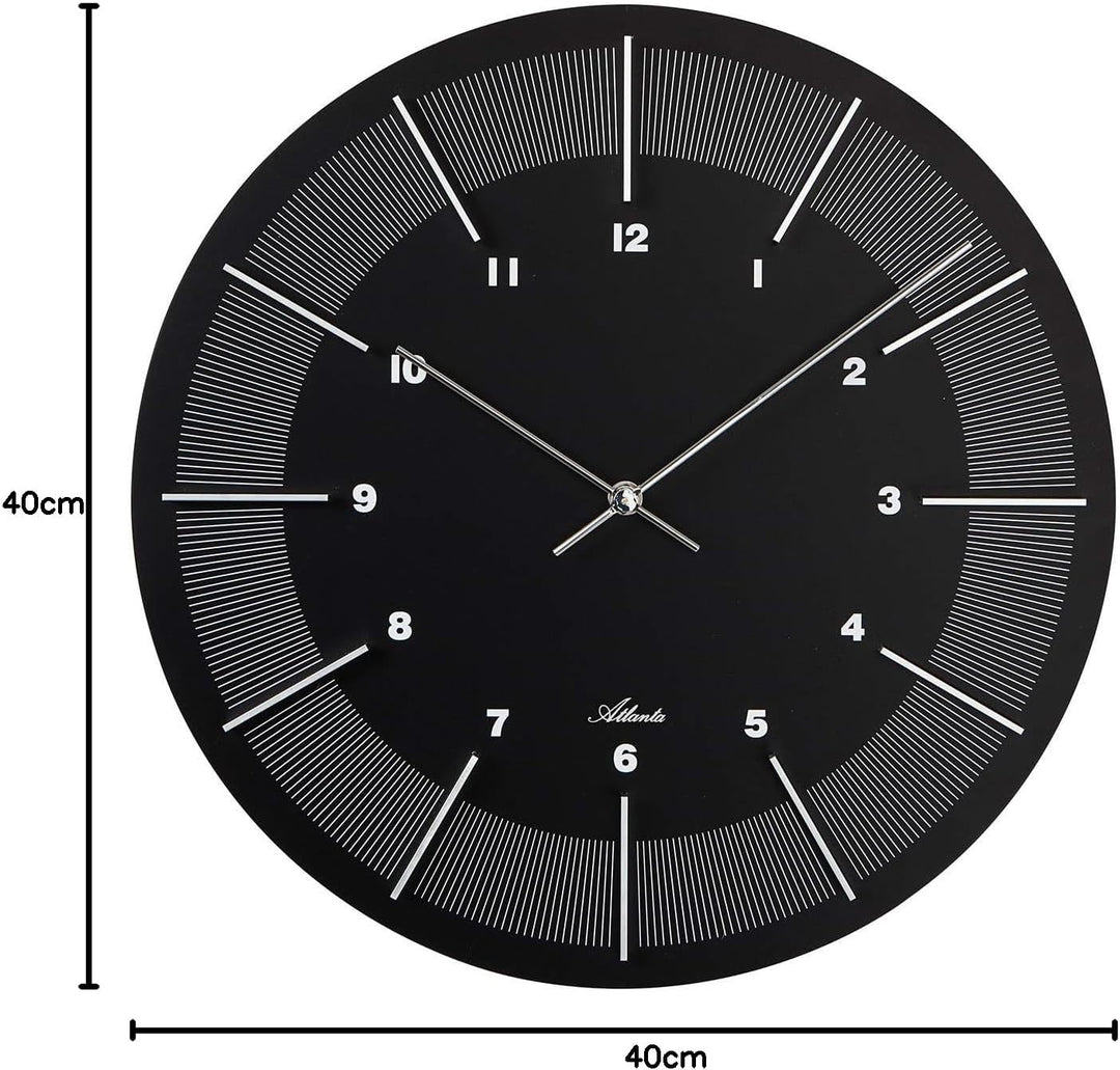 Atlanta Moderne grosse Wanduhr Quarz, 40 cm MDF-Gehäuse, erhabene Ziffern, Schwarz - 4471-7, Schwarz