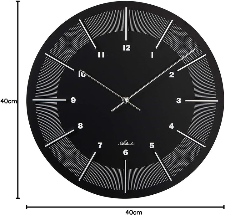 Atlanta Moderne grosse Wanduhr Quarz, 40 cm MDF-Gehäuse, erhabene Ziffern, Schwarz - 4471-7, Schwarz