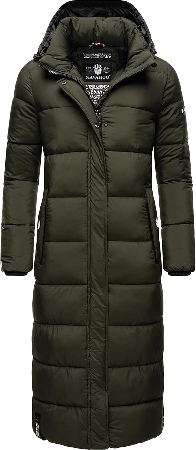 Navahoo Damen Wintermantel Warmer Steppmantel lang mit Abnehmbarer Kapuze Isalie XS-XXL XXL Dark Oli