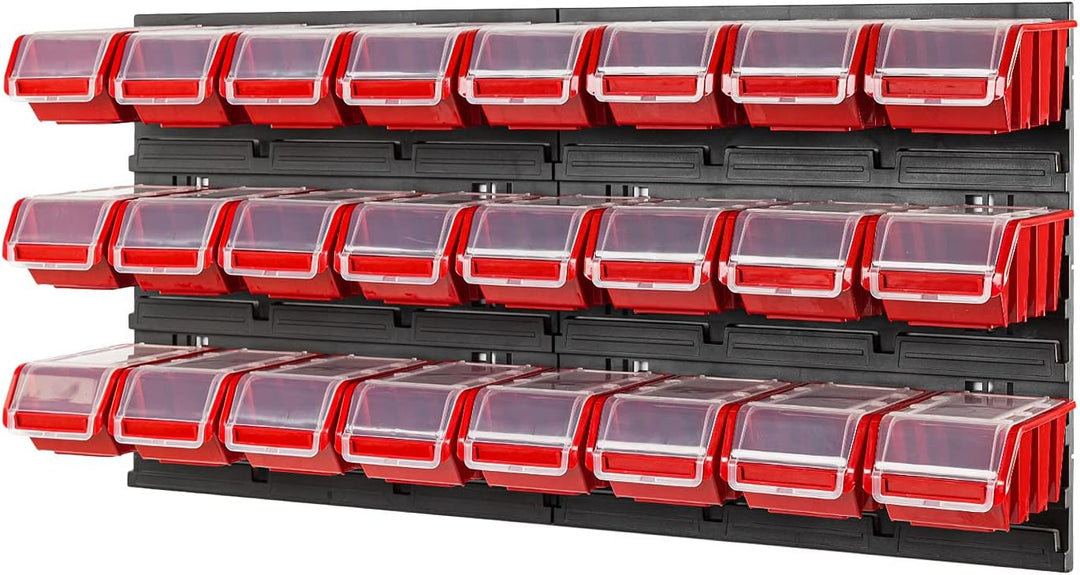 Lagersystem Stapelboxen mit Deckel Wandregal 772 x 390 – 24 Stück Boxen - Werkzeugwand Werkstattrega