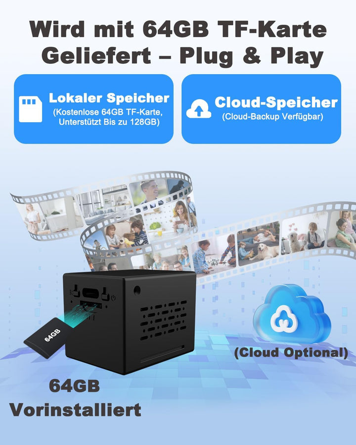 Mini Kamera, 4k Ultra HD Kamera Überwachung Innen mit 64GB Speicherkarte, WLAN/AP Hotspot/Ohne WLAN