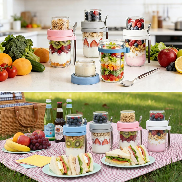 VITEVER 4er Overnight Oats Gläser, 16 oz Doppelwandige Joghurt-Parfait-Becher mit Deckel, Glasbehält