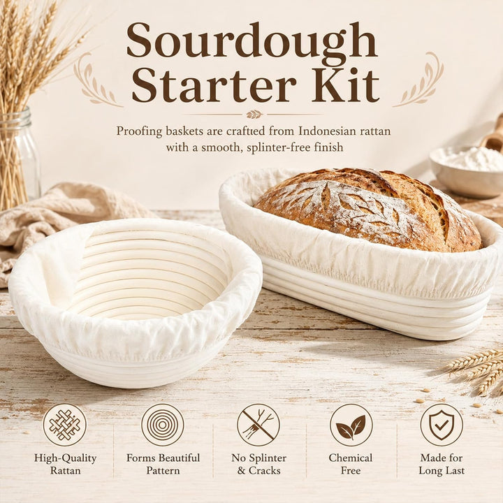 Sauerteig Starter Set 16-teilig, Gärkörbchen Set 10 Zoll Oval &amp; 9 Zoll Rund, Brotbackset mit Starter