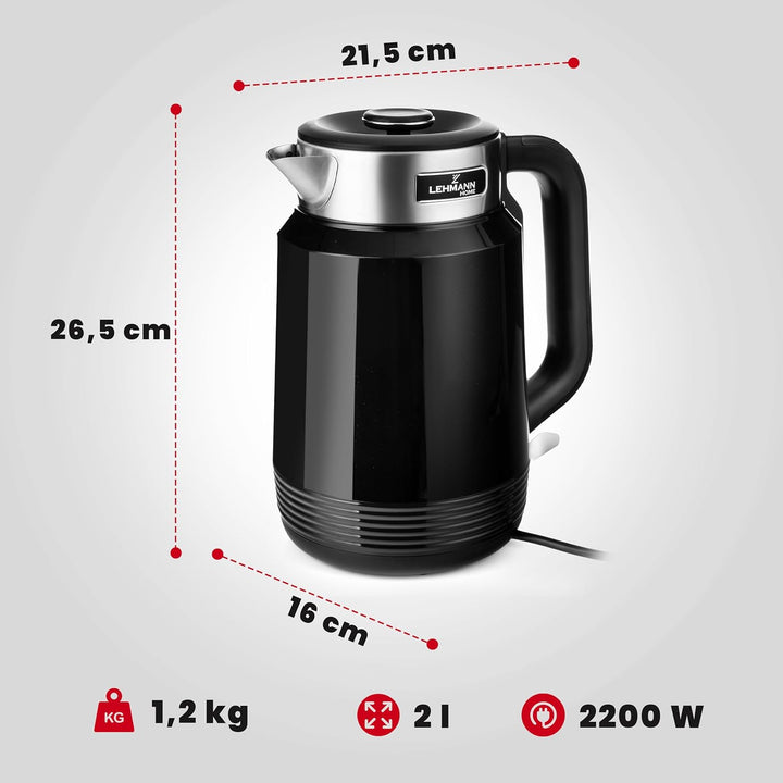 LEHMANN Elektrischer Wasserkocher Edelstahl 2L, 2200W, Schnelles Aufheizen, Doppelwand Design, Absch