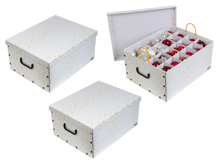 3 Stück XXL Dekokarton in Weiss/Gold - formschön und hochwertig. Mit Einsätzen für max. 40 Christbau