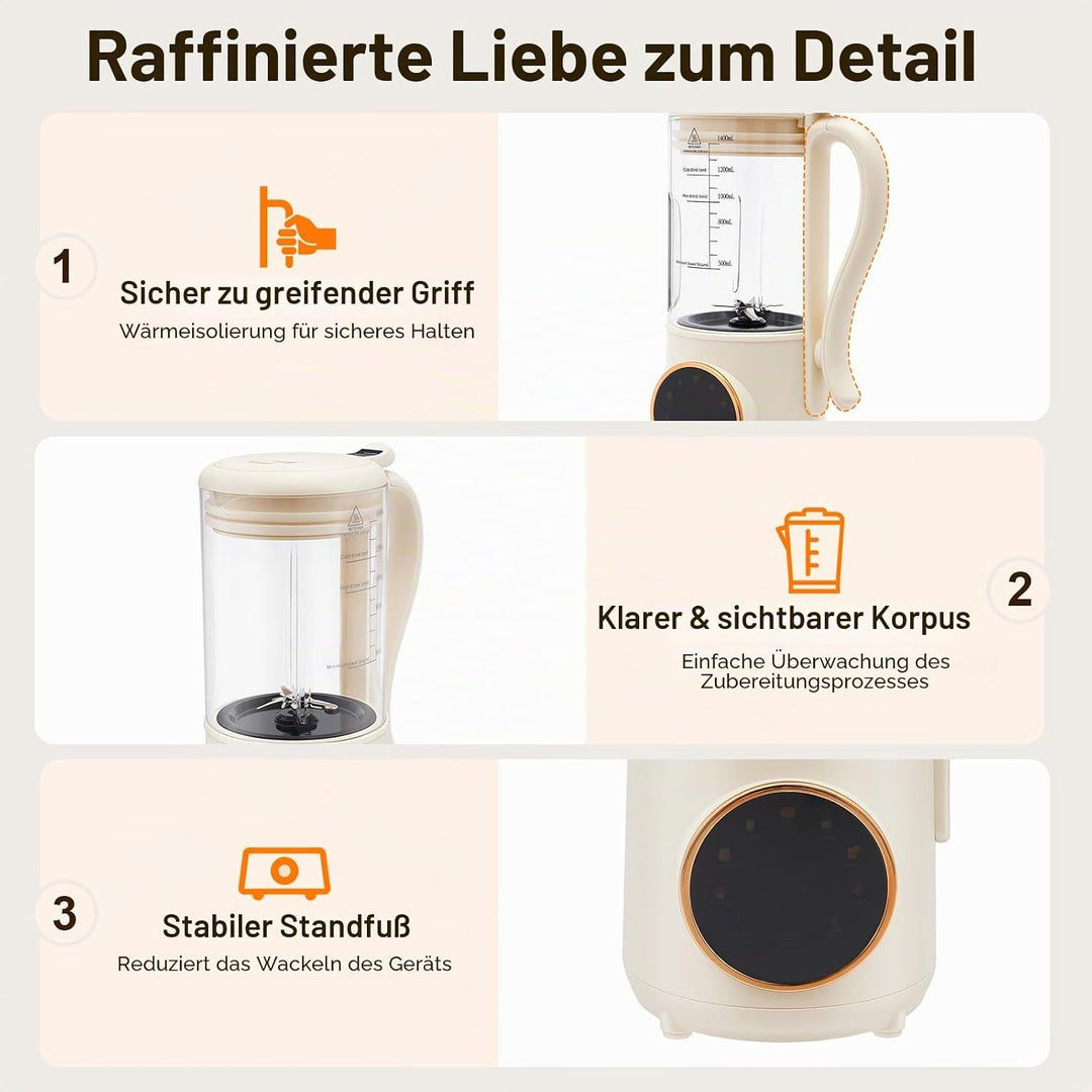 Sojamilch Maschine 1.4L, Pflanzenmilchbereiter für Hafermilch &amp; Nussmilch, 600W mit Timer, Reinigung