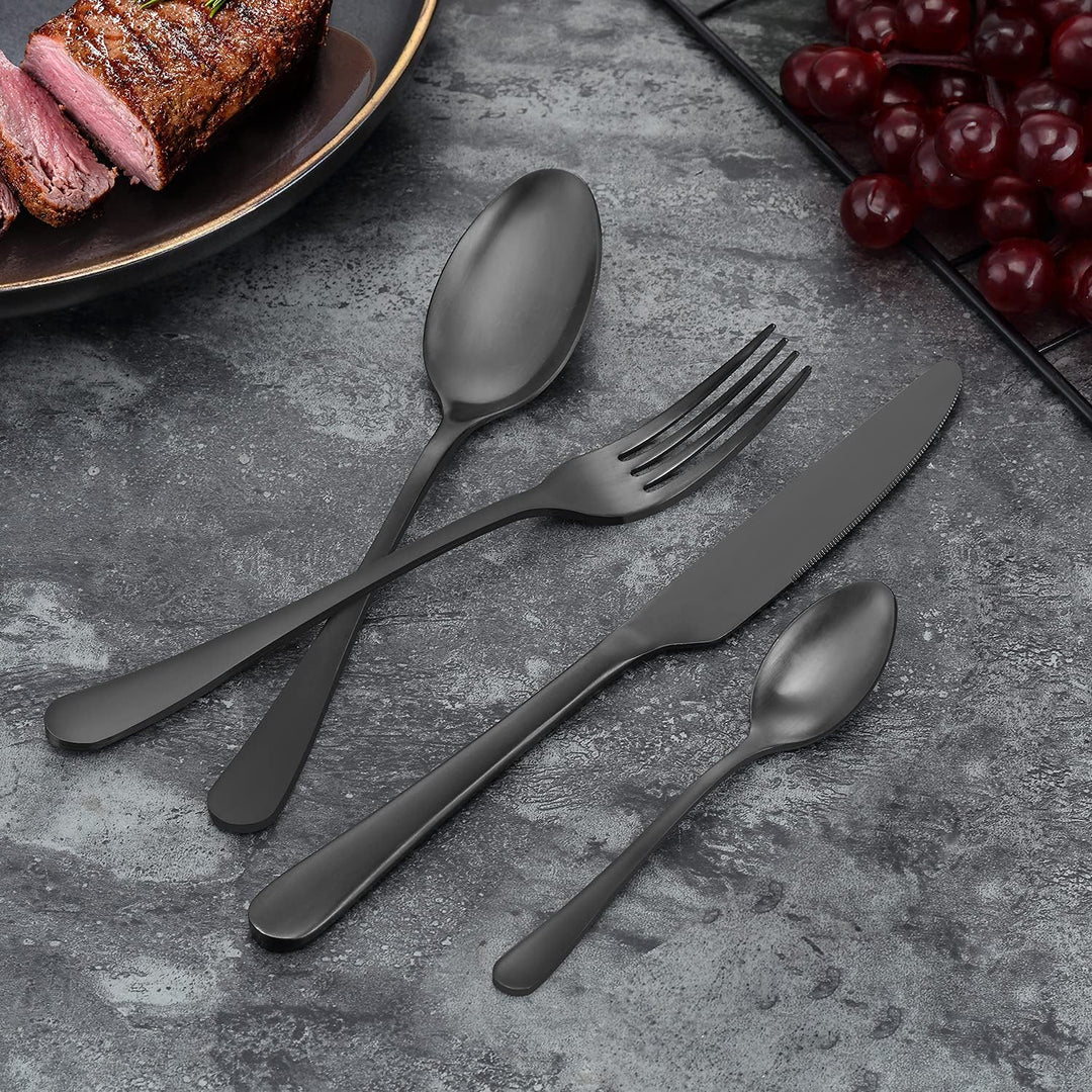 BEWOS 24 Stück Besteck Set, Schwarz Mattiert Essbesteck Set für 6 Personen, Besteck Edelstahl Spiege