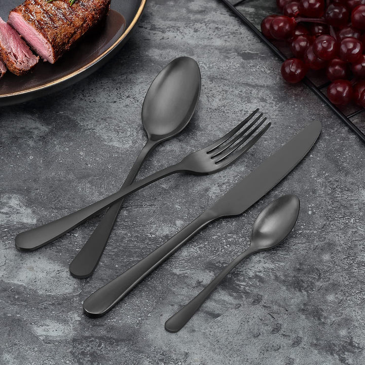 BEWOS 24 Stück Besteck Set, Schwarz Mattiert Essbesteck Set für 6 Personen, Besteck Edelstahl Spiege