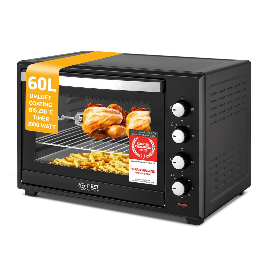 TZS First Austria Minibackofen, 2000 Watt, 60L, mit Innenbeleuchtung, Umluft-Funktion, Drehspiess fü