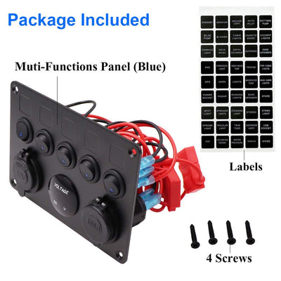 5 Gang Schalter Panel, 12V/24V Kippschalter Panel IP65 Wasserdichte LED Voltmeter Dual USB Buchse La