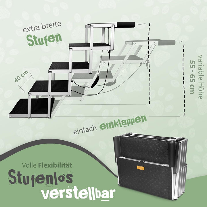 JOBUKAM Hundetreppe Auto 65cm - Extra Stabile 5 Stufen Hundeleiter bis 70kg - Faltbare Hundetreppe f