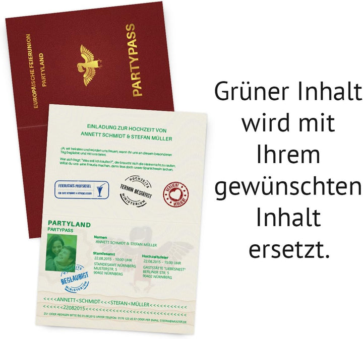 Personalisierte Hochzeitseinladungen (10-100 Stück wählbar) als Reisepass Ausweis Partypass Einladun