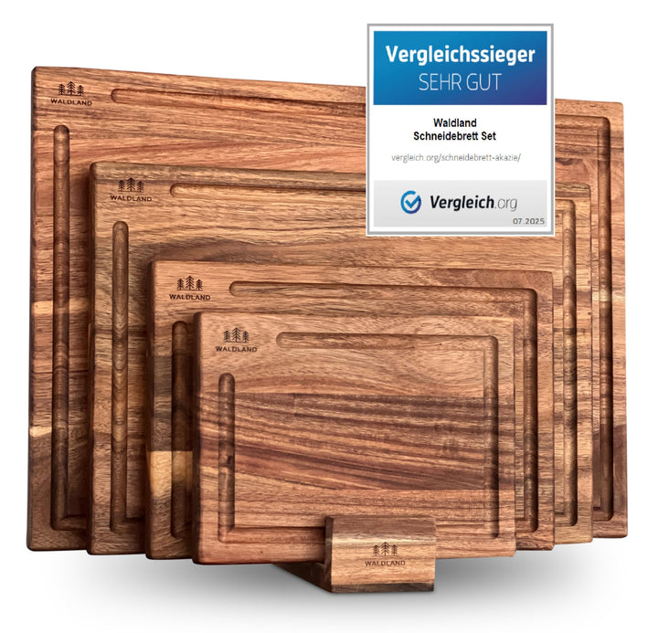 WALDLAND Premium Schneidebrett Holz 4er Set (40x30, 33x24, 27x18, 21x15) I inkl. Brettständer I Holz