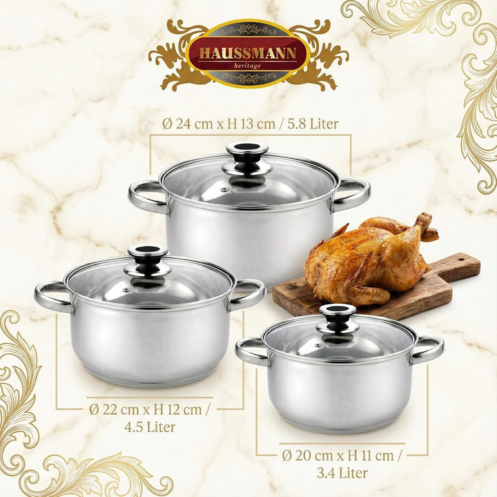 Haussmann Héritage Kochtopf 6pcs Stahl inoxyable mit Deckel aus Glas HM-0613, HM-0613