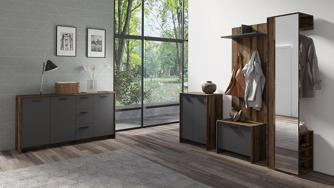 byLIVING Sitzbank Ben/Schuhschrank in Old Wood Dunkelbraun/Front anthrazit/kleine Flur-Kommode mit K