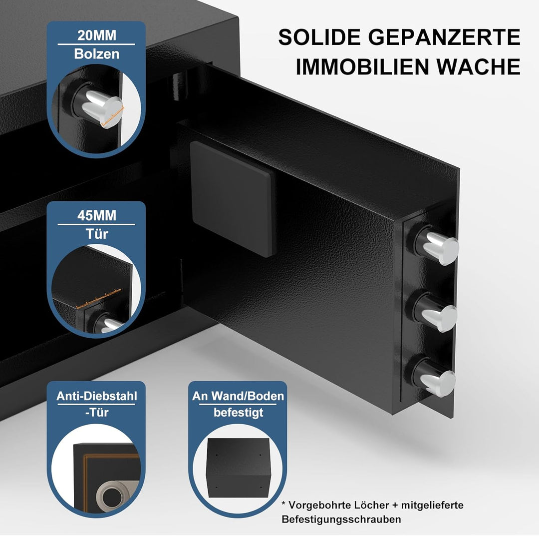 Diyife 16L Safe Tresor mit Zahlenschloss, Alarmfunktion+Innenbeleuchtung, Möbeltresor mit Abnehmbare